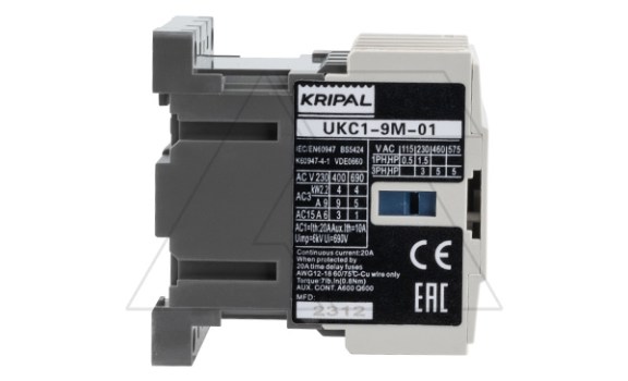 Мини-контактор UKC1-9M-01-230AC, 3P, 9A(AC-3), 20A(AC-1), 4kW(400VAC), Uк=230VAC, 1NC Kripal даташит схема