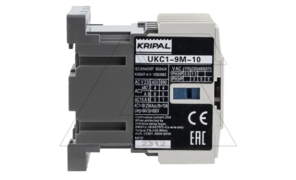 Мини-контактор UKC1-9M-10-230AC, 3P, 9A(AC-3), 20A(AC-1), 4kW(400VAC), Uк=230VAC, 1NO Kripal даташит схема