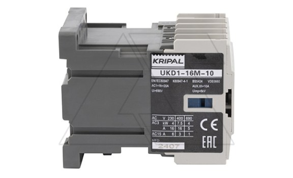 Мини-контактор UKD1-16M-10-24DC, 3P, 16A(AC-3), 20A(AC-1), 7.5kW(400VAC), Uк=24VDC, 1NO Kripal даташит схема