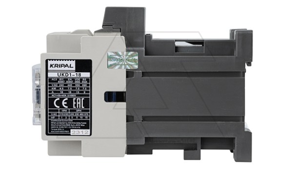 Контактор UKD1-18-11-24DC, 3P, 18A(AC-3), 40A(AC-1), 7.5kW(400VAC), Uк=24VDC, 1NO+1NC Kripal даташит схема