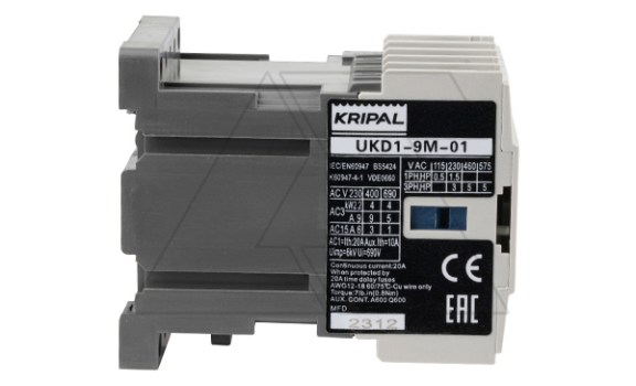 Мини-контактор UKD1-9M-01-24DC, 3P, 9A(AC-3), 20A(AC-1), 4kW(400VAC), Uк=24VDC, 1NC Kripal даташит схема