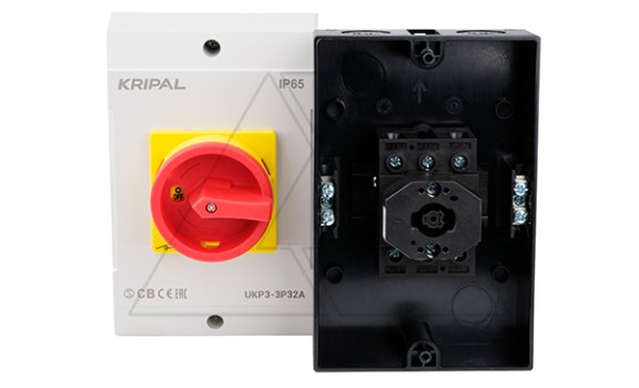 Выключатель нагрузки UKP3-332, 3Р, 32А/AC21, 11kW/AC23A, 440VAC, красная блок. рукоятка, в корпусе IP65 Kripal даташит схема