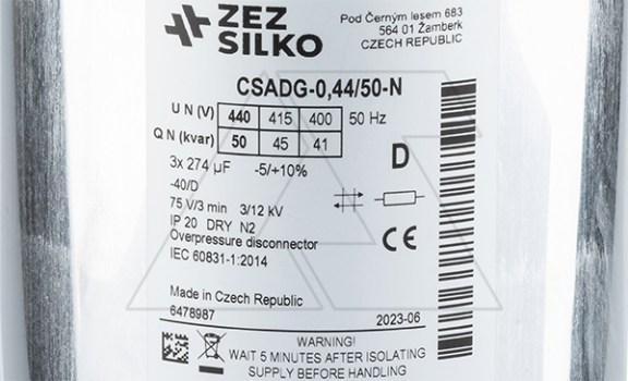 Конденсатор CSADG-0,44/50N, трехфазный, 50kVAr(440VAC), 41kVAr(400VAC), MKP заполненный гелем, S=35mm², нормальный режим, IP20 ZEZ Silko даташит схема