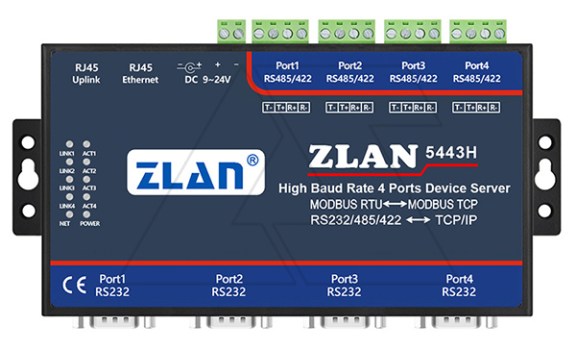 Преобразователь интерфейсов ZLAN5443H-EU, RS-232/485/422 в Ethernet, 4xRS-485/422, 4xRS-232, Modbus Gateway, 24VDC, EU Power, DIN35 ZLAN даташит схема