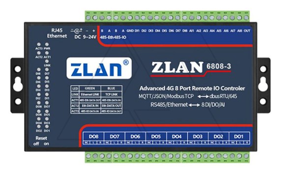 Станция удаленного ввода/вывода ZLAN6808-3-EU, 8DI, 8RO, 8AI (4..20MA), RS-485 (Modbus RTU), Ethernet (Modbus TCP), 24VDC, EU, DIN35 фото