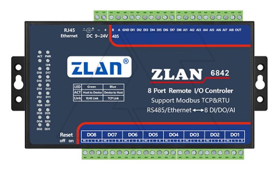 Станция удаленного ввода/вывода ZLAN6842, 8DI, 8RO, 8AI (4..20MA), Ethernet (Modbus TCP), 24VDC фото