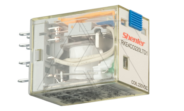 Купить Реле RKE4CO220LTD1, 4CO, 5A(250VAC/30VDC), 220VDC, мех. индикация, тест-кнопка с блокировкой, диод +A1/-A2, LED Shenler фото