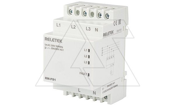 Купить Реле выбора приоритетной фазы RM-PS1, 3NO+N, 25A, 220VAC, Umin(190V)/Umax(280V), 1s/150ms, LED, 3M Reletek фото